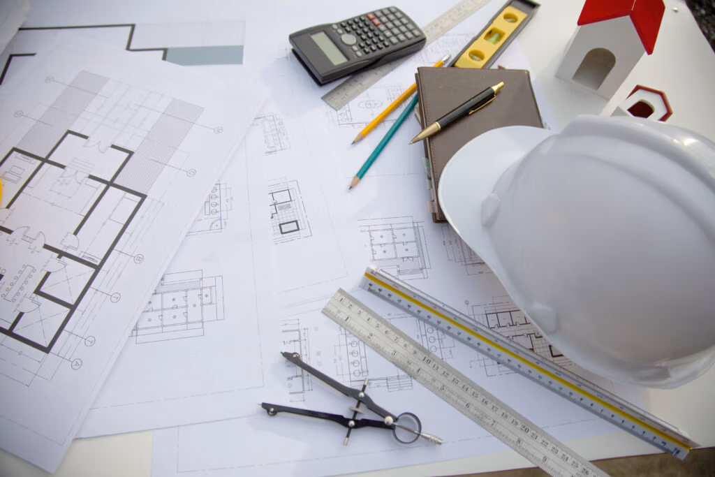 Construction plans on a desk with a hard hat, ruler and calculator