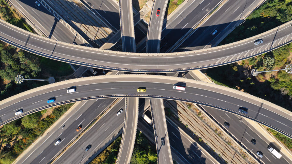 Aerial view of a multi-level highway interchange