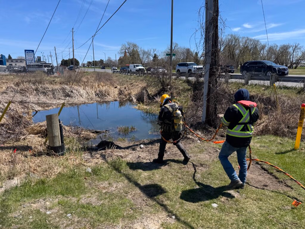 Field crew in safety vests walking beside a pond near a highway