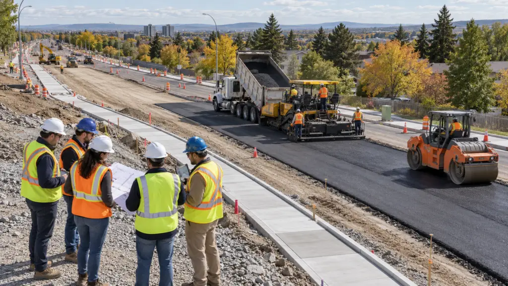 Civil engineers in safety vests watching crews pave a road