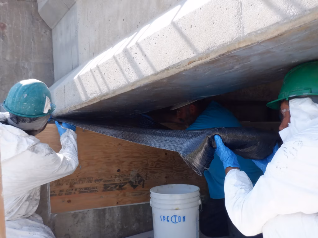 Inspectors examining the underside of a bridge