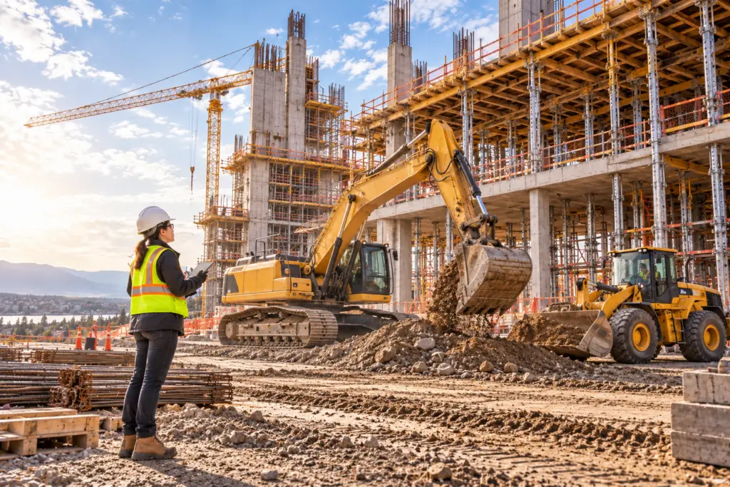 Engineer in a hard hat and safety vest overseeing excavators on a building construction site